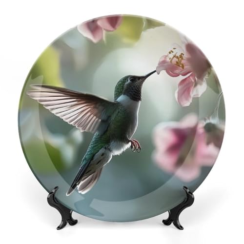 BHTLARNGY Hummingbird Ceramic Decorative Plate, Animal Decorative Dish with Stand, Bird Flowers Bone China Decorative Plates Art Porcelain Plate for Living Room Hallway Table Decor