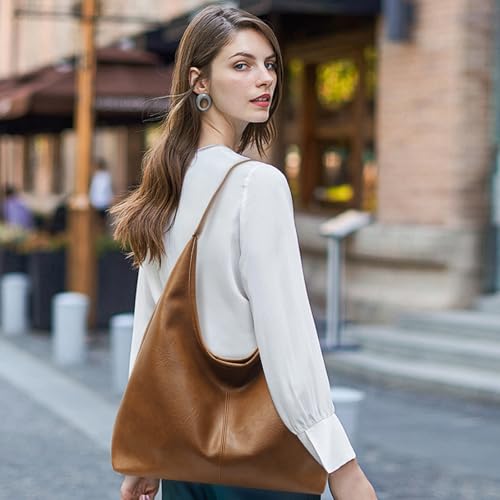 Image of Leather Hobo Bags for Women Slouchy Tote Bag Retro PU Leather Purse Soft Shoulder Handbags Large Work Tote Bag 2pcs
