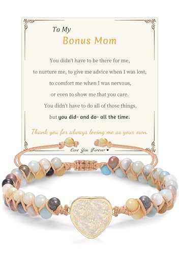 Sistble Valentines Day Gifts for Bonus Mom, Bonus Mom Bracelet Gifts from Daughter Son Jasper Heart Bracelets for Women Thanksgiving Christmas Gift Basket Jewelry for Her