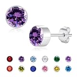 Estrellique Silver Stud Earrings for Women Girls, S925 Silver Earrings with Amethyst Birthstone, 6mm Dainty CZ Zircon Stud Earrings, Cartilage Sleeper Silver Earrings Jewelry Gifts for Xmas Birthday