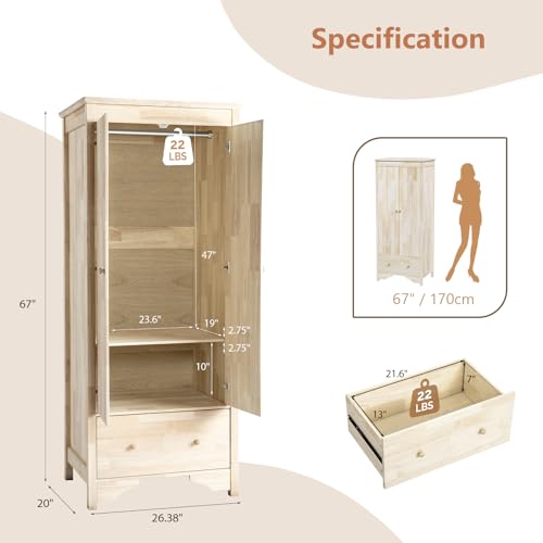 VINGLI Solid Wood Wardrobe Closet, Unfinished Wood Armoire Color DIY, Natural Rubber Wood Wardrobe Closet with Doors and Drawers, Real Wood Wardrobe Closet for Hanging Clothes, Wooden Wardrobe Cabinet - Image 3
