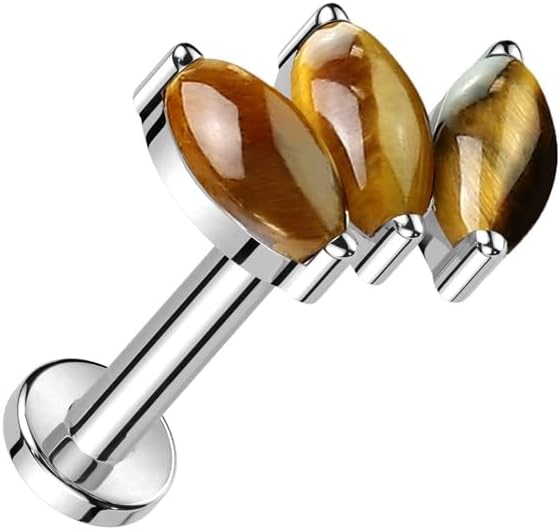Pierced Owl 16GA ASTM F-136 Implant Grade Titanium Internally Threaded Triple Marquise Natural Stone Flat Back Stud