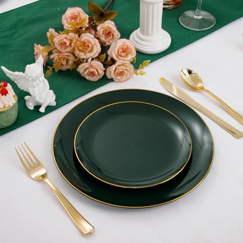 Pulote 100Pcs Green Plastic Plates - Green Disposable Plates With Gold Rim - Green Plates Disposable Include 50Pcs Dinner Plates 10.25Inch,50Pcs Dessert Plates For Party&Christmas thumb #3