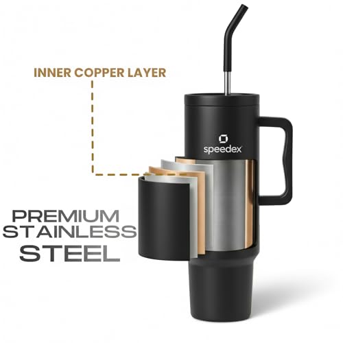 Image of Speedex 1200 ml Customized Name Insulated Stainless Steel Tumbler with Handle, Straw & Cleaning Brush, Personalized Sipper Bottle, Double Wall Leakproof Travel Mug Gift (Black, 1.2 l)