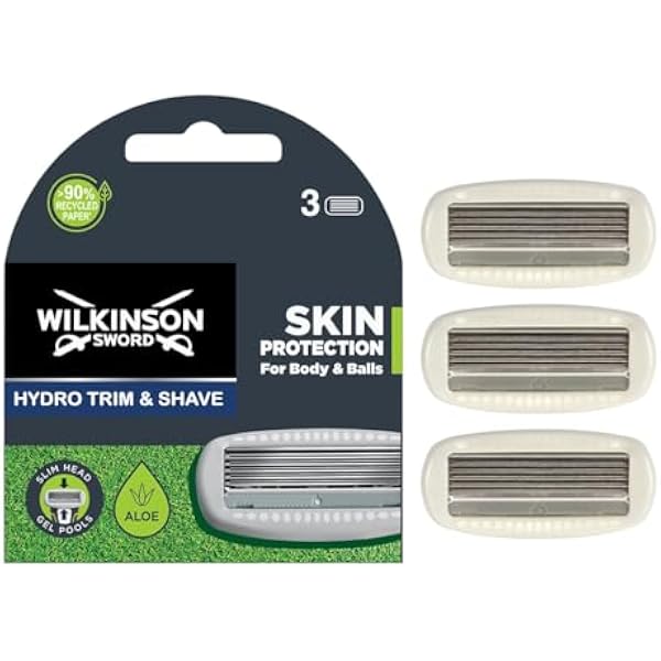 WILKINSON SWORD Hydro Trim & Shave Blades - zestaw 3 wymiennych ostrzy, odpowiednie dla skóry wrażliwej, 5 ostrzy krawędziowych z basenami żelowymi aloesowymi