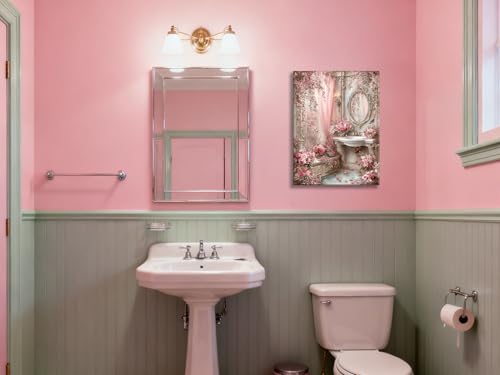 Image of Frimeeme Vintage Pink Bathroom Canvas Wall Art, 12 x 16 In, Ready To Hang