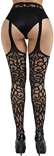 Image of Women's Floral Fishnet Stockings with Attached Garter Belt