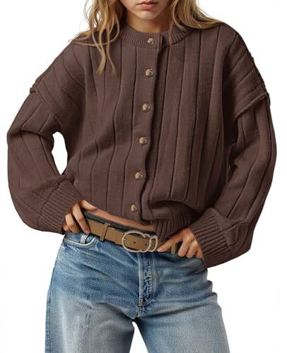 Saodimallsu Womens Open Front Cardigan Sweaters Button Down Knit Long Sleeve Crewneck Casual Loose Fall Outerwear