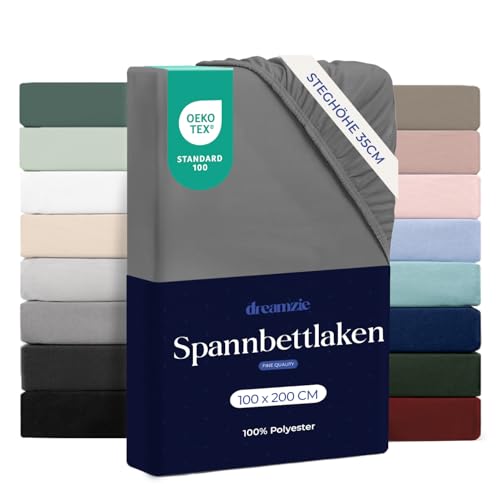 Dreamzie Spannbetttlaken 100x200 cm - Hoher Steg bis 35 cm - 100% Mikrofaser - Anthrazit - Schadstoffgeprüft (Oeko TEX) Bettlaken mit Gummizug