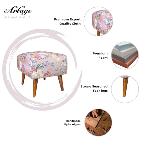 Image of The Artage Puffy Stool for Living Room Vanity Dressing Table Sitting Pink Flower Printed Premium Foam Cushioned Pouffe Ottoman for Foot Rest Stool for Home Decor Furniture Wooden (Floral)