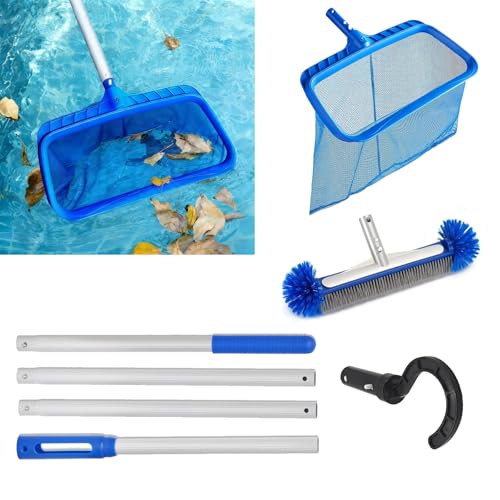 GAESHOW Kit 4 in 1 per la pulizia della piscina, set di strumenti per la pulizia delle piscine staccabili da 160 cm, include spazzola per la pulizia, rete per skimmer semi-profonda e gancio per foglie