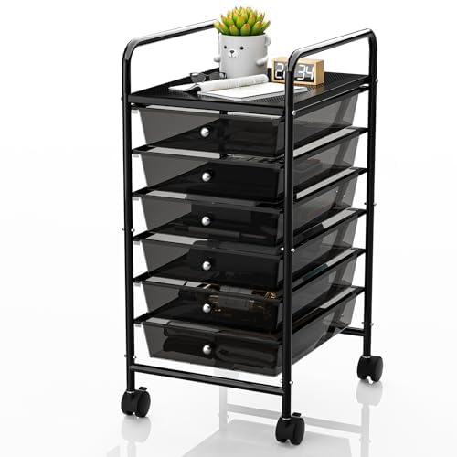 Image of Johgee 6 Drawers Plastic Storage Cart, Multipurpose Mobile Organizer Shelving Unit with Lockable Wheels,Utility Rolling Cart Storage Trolley for Home Office Stationery Makeup Beauty,Transparent Black