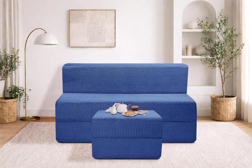 Image of Rosebell Foldable Sofa-Cum-Bed with Ottoman | 3-in-One Foldable Sofa, Lounger & Bed-4x6 Feet Two Seater- Perfect for Home & Office -Blue-Color