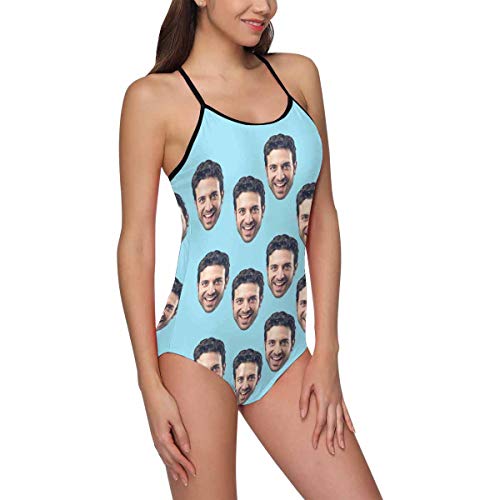 Custom One-Piece Swimsuits with Face Photo Novelty Swimwear for Women Baby Blue XS