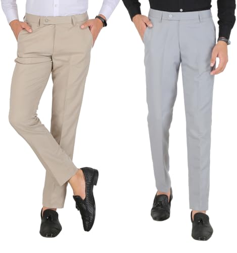 Image of Yaha Style Slim Fit Black and Lightgrey 2 Formal Trousers Combo for Men - Polyester Viscose Blend Office Formal Dress for Men