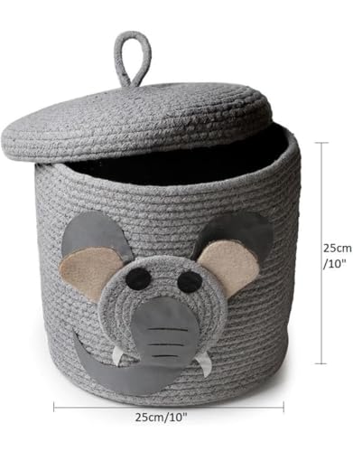 Image of Aroma Brand Kids Lid Baskets With Beautiful Characters - Rope Storage For Baby Diaper, Stuffed Animal Storage Bin Rope For Kids Toy, Baby Laundry Baskets - Grey Elephant