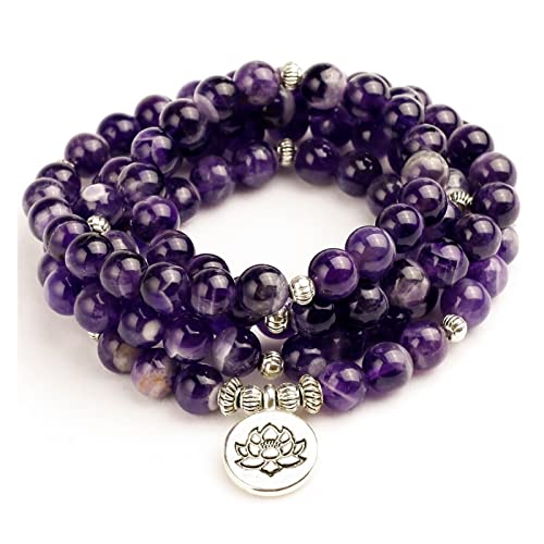 Bracelet 108 perles quartz violet naturel énergie lotus une idée cadeau spirituel