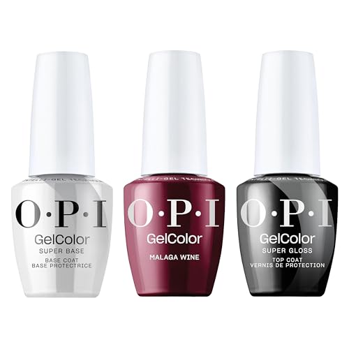 OPI GelColor Iconic Gel Nail Polish + System Bundle | Super Base Coat + Malaga Wine, Opaque Dark Red Crème UV Cure Gel Polish + Super Gloss Top Coat