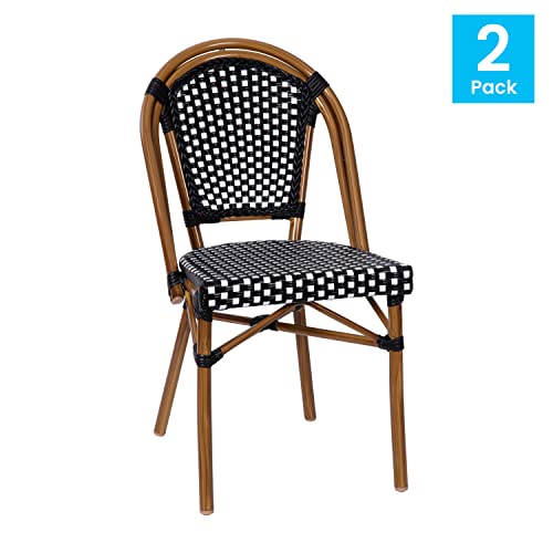 Image of Flash Furniture Bordeaux Set of 2 Indoor /Outdoor Commercial Bistro Stack Chairs - Black /White PE Rattan Back and Seat - Natural Bamboo Print Aluminum Frame