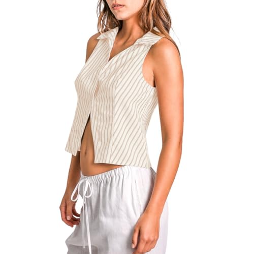 Amazhiyu Womens Cropped Summer Button Down Vest Sleeveless V Neck Stripes Tops2