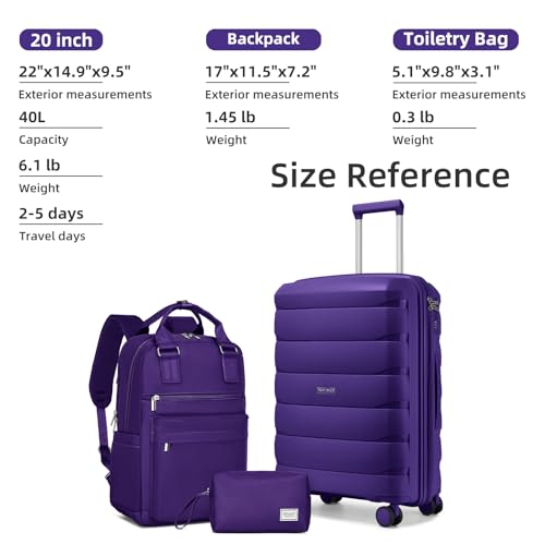Image of Carry On Luggage 22x14x9 Airline Approved, 22 Inch PP Hardshell Luggage Carry-on Suitcase with Spinner Wheels, Carry On Suitcase Set for Women(Purple)