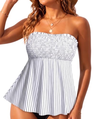 Image of Womens Tankini Swim Tops Bandeau Bathing Suit Top No Bottom | Removable Straps and Pads, Tummy Control Flowy Design