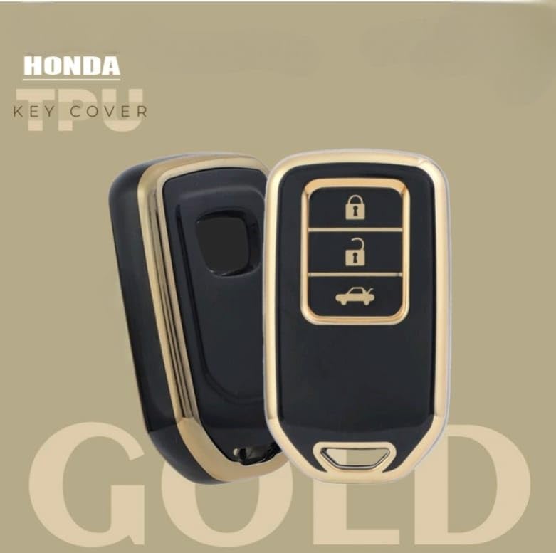 Image of TPU Car Key Cover Black & Golden Compatible for Honda City, Amaze, WR-V, Jazz, Civic, BR-V, CR-V (Honda, 3 Button Push Smart Key)