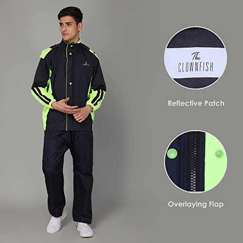 Image of THE CLOWNFISH Solomon Series Men's Waterproof Polyester Double Coating Reversible Raincoat with Hood and Reflector Logo at Back. Set of Top Bottom. Printed Plastic Pouch Rope