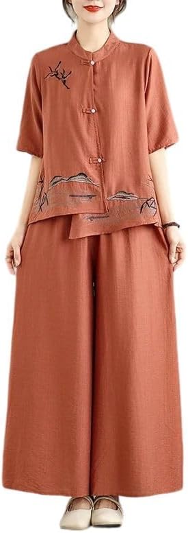 Omen Cotton Linen Two Piece Set V Neck Blouse Wide Leg Pants Casual Spring Summer Outfit