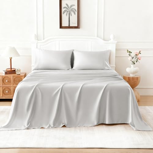 ChicView Silk Like Satin Sheets Set, 4 Piece Full Size Grey Bed Sheet Sets - image 7