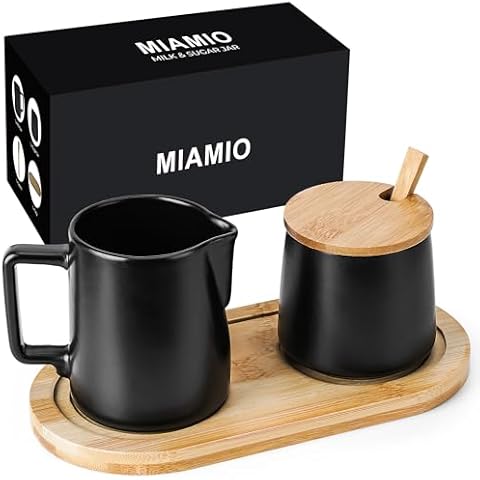 MIAMIO - Sugar and Cream Serving Set with Lid and Spoon/Ceramic Coffee Bar Accessories - Microwave & Dishwasher Safe (Black) Cover