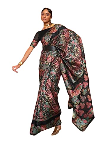 Sari kashmiri traditionnel noir en soie avec blouse mariage 6.3m