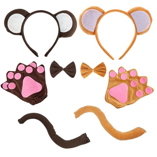 UILYNIU 8 Piezas Disfraz de mono Animal Disfraz Conjunto, Accesorios de Cosplay de Animales, Mono Orejas Pajarita Cola Guantes, para Halloween Escenario Rendimiento Carnaval Cosplay Fiesta