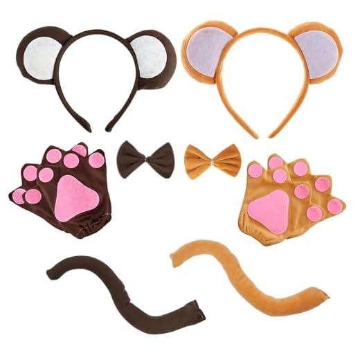UILYNIU 8 Piezas Disfraz de mono Animal Disfraz Conjunto, Accesorios de Cosplay de Animales, Mono Orejas Pajarita Cola Guantes, para Halloween Escenario Rendimiento Carnaval Cosplay Fiesta