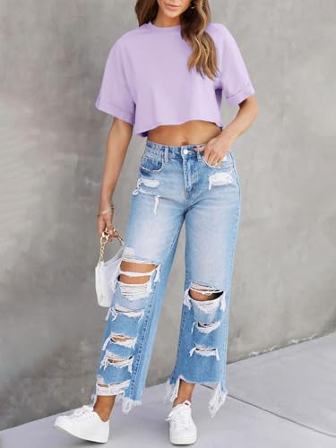 Image of Tankaneo Women Crop T-Shirts Half Sleeve Drop Shoulder Cropped Tops Y2K Casual Summer Basic Tees