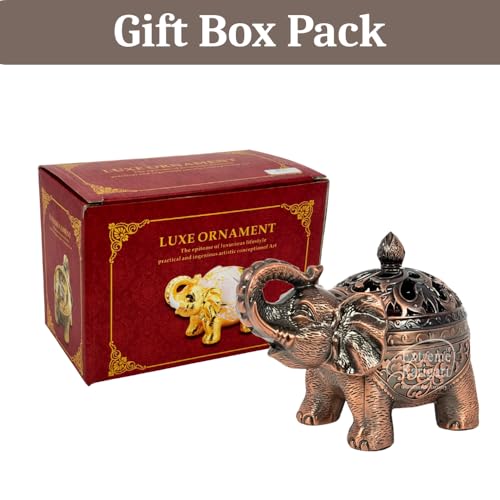 Image of Metal Trunk Up Elephant Incense Holder with Lid - Decorative Dhoop Batti Holder | Antique Copper Finish Loban Burner for Home Temple, Meditation & Spiritual Decor