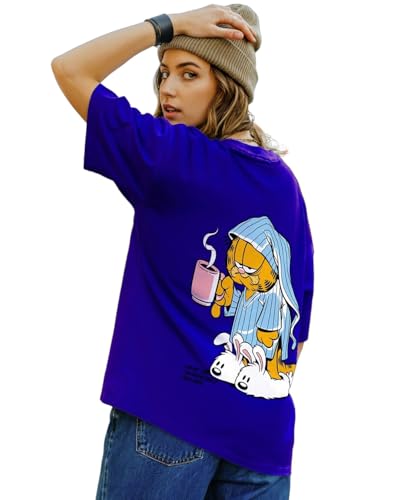 Image of Bewakoof X Garfield Garfield Women's 100% Cotton Graphic Print Oversized Fit Half Sleeve V-Neck T-Shirt | Casual wear | Streetwear | Oversized Tshirt for Woman Cotton| Baggy