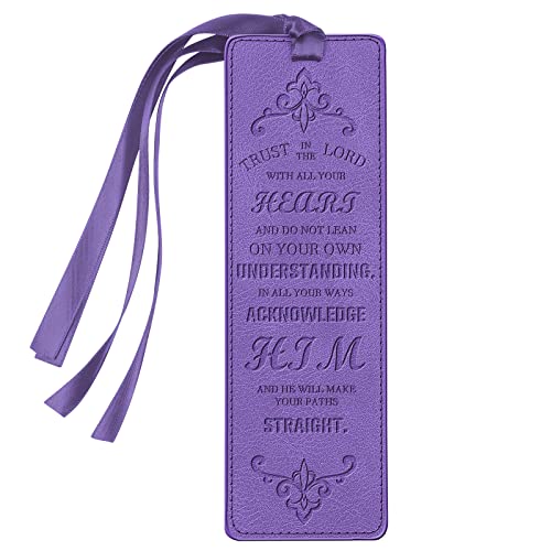 FINPAC Leather Bible Bookmarks, Vegan Religious Bookmarks, Bible Verse Book Markers Church Gifts for Women Men [Trust in The Lord with All Your Heart] - Violet