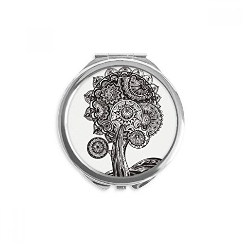 Miroir rond maquillage portable fleur tournesol blanc et noir de poche 6.6x6x0.7cm