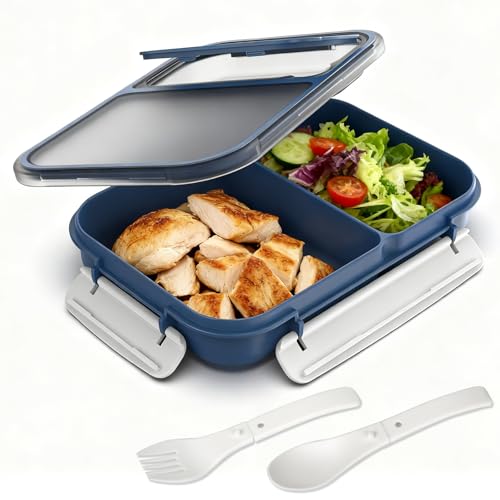 WHALEHOUSE Bento Lunch Box, 1100ML 2 Compartments Meal Prep Container with Utensil, Airtight Food Storage Container with Snap Locking Lids, Microwave/Dishwasher/Freezer Safe, On the Go