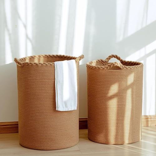 Image of ALBY Woven,Tall Wicker Laundry Basket for Blankets,Clothes,Pillows,Toys,Shoes Large Cotton Laundry Hamper for Bedroom Living Room Bathroom Nursery (72L /Extra Large16 inchD x 22 inchH, LIGHT BROWN)