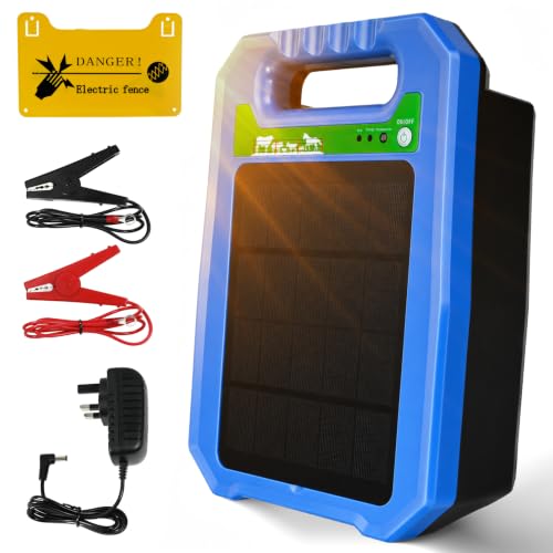 Solar Electric Fence Charger 5 KM 0.2J Output Energizer with Rechargeable Solar Panel IP55-rated All-Day 24/7 Protection for Livestock Cattle Horses Poultry Predator Deterrent Farm Use (Blue)