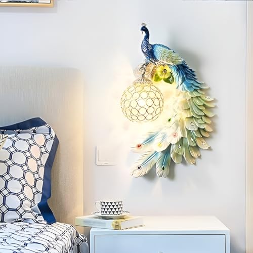 Image of Modern Peacock Wall Sconce | Resin Decorative Wall Lamp and Crystal Accents | European Retro Style Wall Light for Home Decor | Multicolour | Bulb Not Included