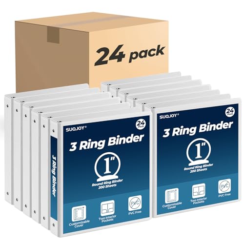 1 Inch 3 Ring Binders 24 Pack, Clear View Binder Bulk, White PVC-Free 3-Ring Binders for School, Office or Home, Fits 8.5 x 11 Inches Paper by SUQJOY - Used condition - US$62.69