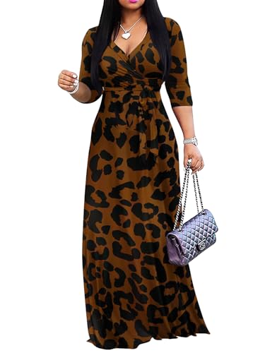 Image of Yajedo Womens Casual Summer Maxi Dress Plus Size Sexy Wrap V Neck 3 /4 Sleeve Sundress with Pockets