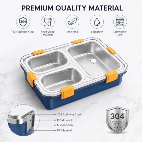 Image of Misamo Enterprise Stainless Steel Lunch Box for Kids & Adults, 3 Compartment Lunch Box, Leak Resistant Food Grade Tiffin Box with Spoon & Fork, BPA Free (Blue)