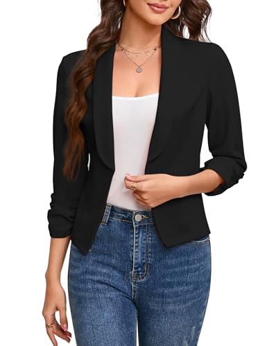 KOJOOIN Blazer Damen 3/4 Arm Jacke Leicht Business Büro Blazer Casual mit Faltigen Ärmeln Slim Fit Blazerjacke Elegant Outwear Open Front Bolero...