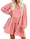 FANCYINN Long Sleeve Shift Tunic Dress Ruffle Swing Babydoll Juniors Mini Pink Ruffle Dress with Poc