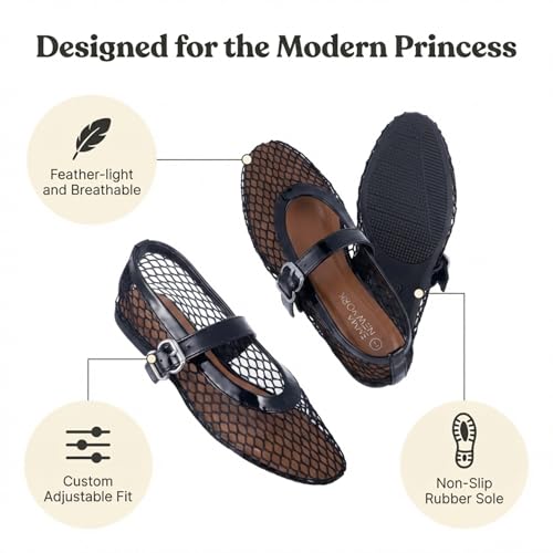 Image of EMMA NEW YORK Mesh Ballet Flats for Women, Mary Jane Mesh Ballet Flats Shoes for Women with Buckle Strap