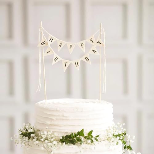 Banderines hechos a mano con poste de madera, guirnalda de decoración de pastel de color marfil, banderines de feliz cumpleaños para suministros de fiesta